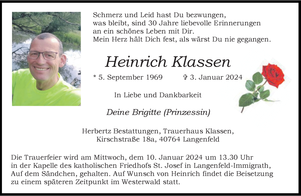  Traueranzeige für Heinrich Klassen vom 06.01.2024 aus Rheinische Post