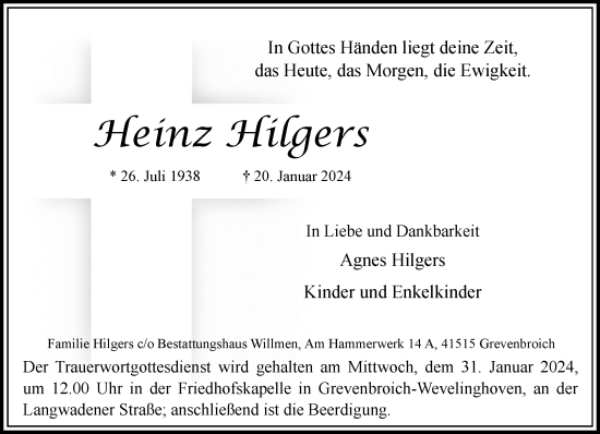Traueranzeige von Heinz Hilgers von Rheinische Post