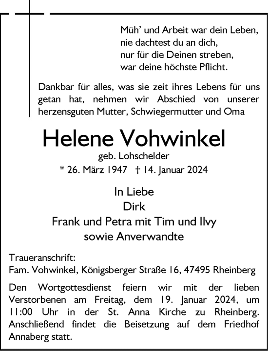 Traueranzeige von Helene Vohwinkel von Rheinische Post