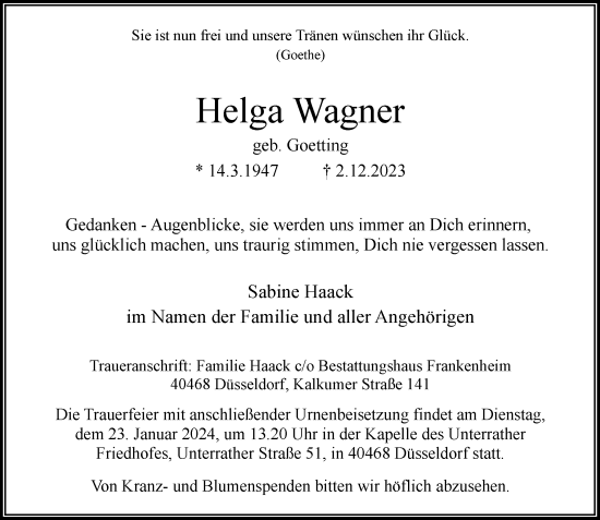 Traueranzeige von Helga Wagner von Rheinische Post