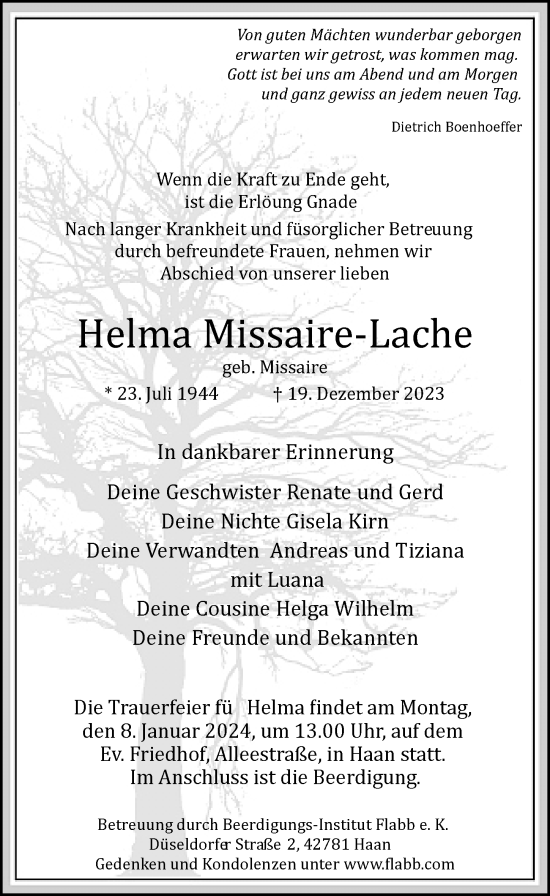 Traueranzeige von Helma Missaire-Lache von Rheinische Post