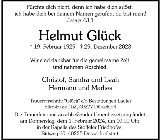 Traueranzeige von Helmut Glück von Rheinische Post