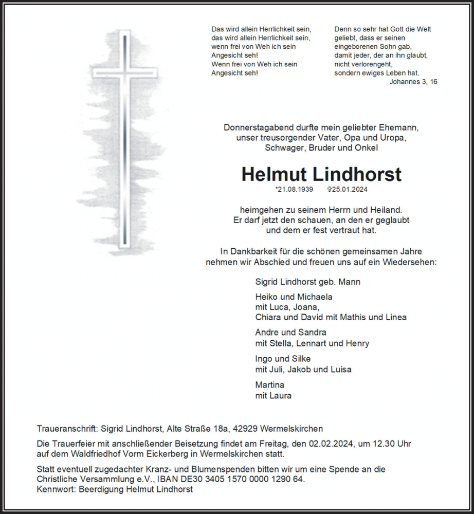  Traueranzeige für Helmut Lindhorst vom 31.01.2024 aus Rheinische Post
