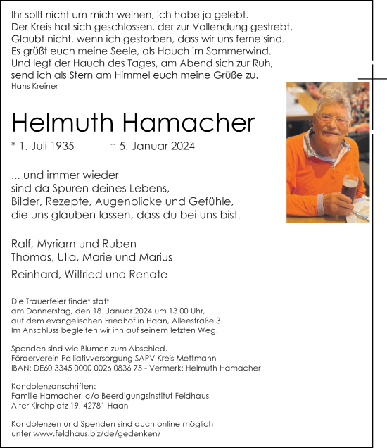 Traueranzeige von Helmuth Hamacher von Rheinische Post