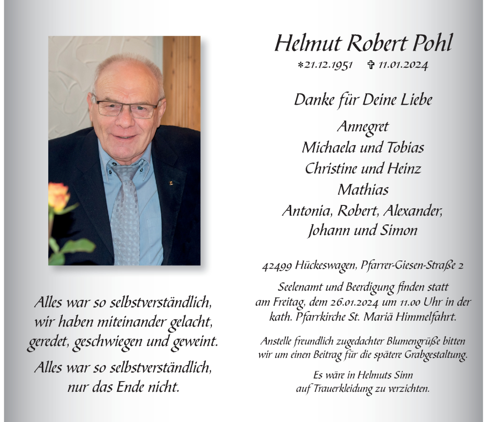  Traueranzeige für Helmut Robert Pohl vom 20.01.2024 aus Rheinische Post