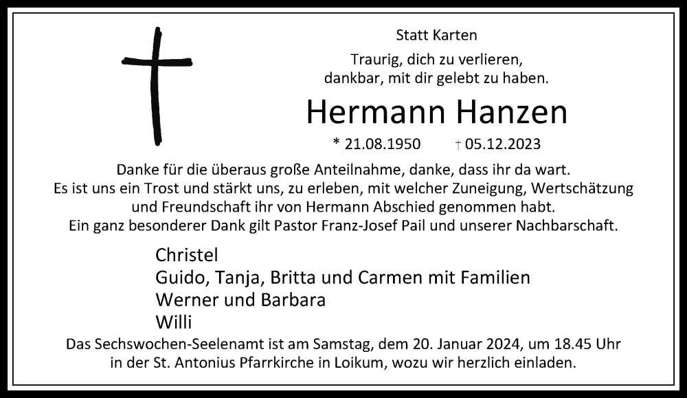 Traueranzeige für Hermann Hanzen vom 16.01.2024 aus Rheinische Post