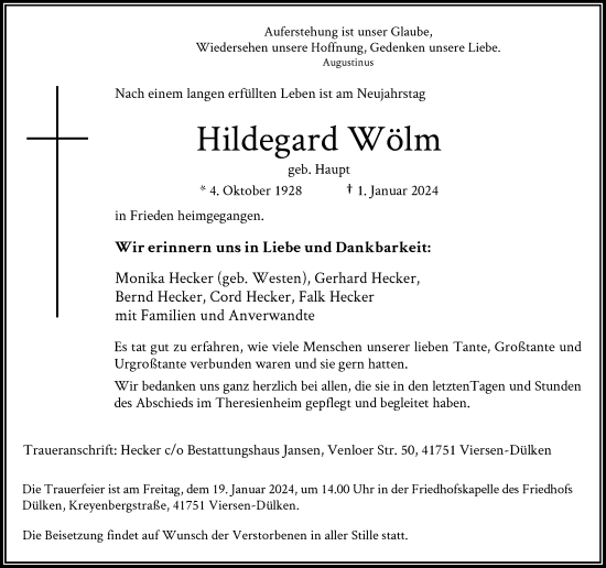 Alle Traueranzeigen Für Hildegard Wölm | Trauer.rp-online.de