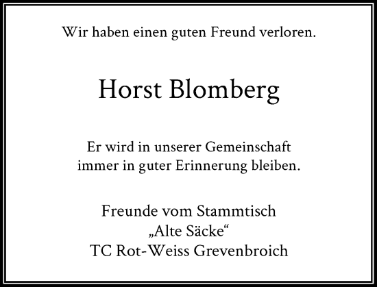 Traueranzeige von Horst Blomberg von Rheinische Post