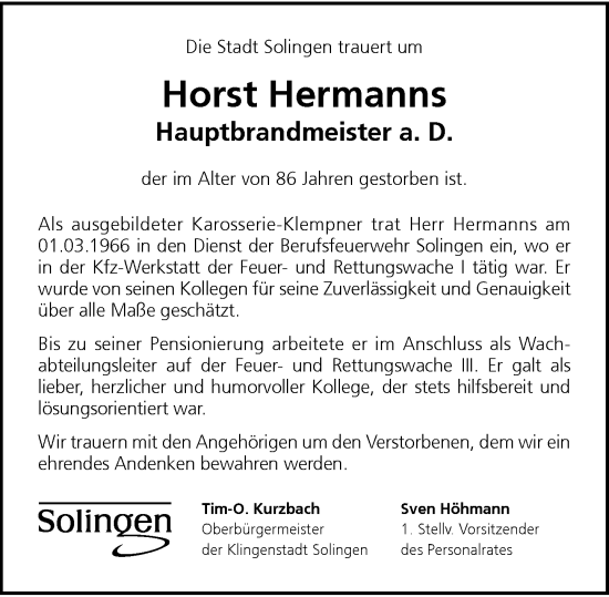 Traueranzeige von Horst Hermanns von Rheinische Post