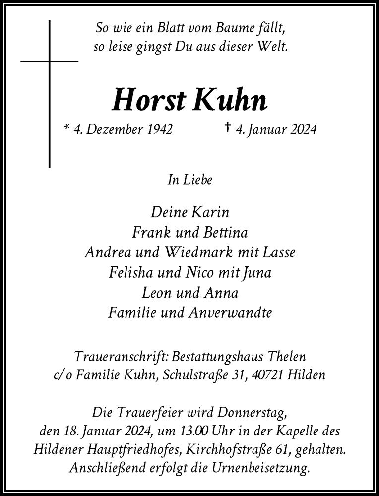  Traueranzeige für Horst Kuhn vom 13.01.2024 aus Rheinische Post