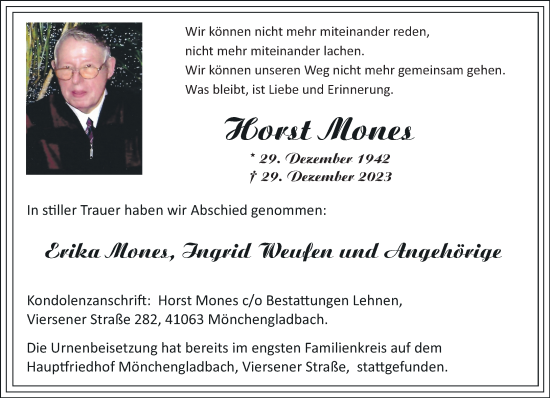 Traueranzeige von Horst Mones von Rheinische Post