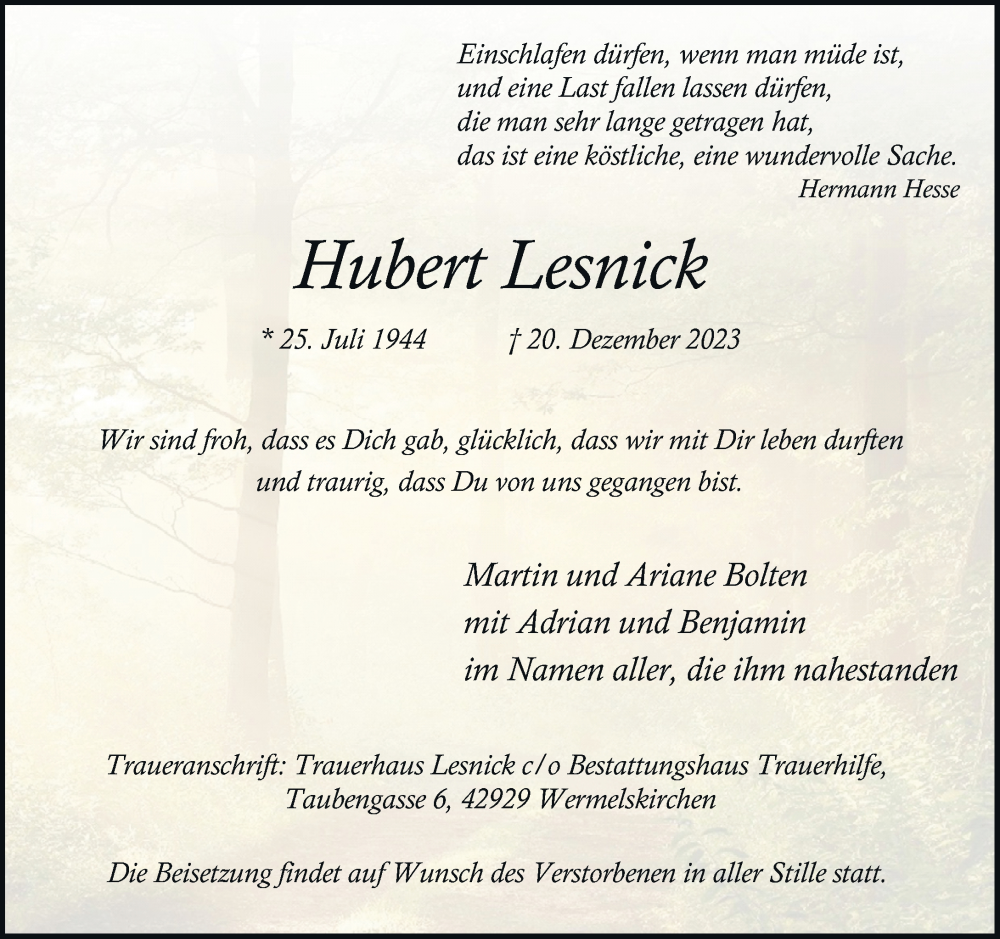 Traueranzeige für Hubert Lesnick vom 20.01.2024 aus Rheinische Post