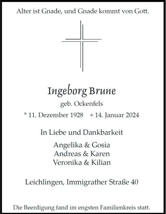 Traueranzeige von Ingeborg Brune von Rheinische Post