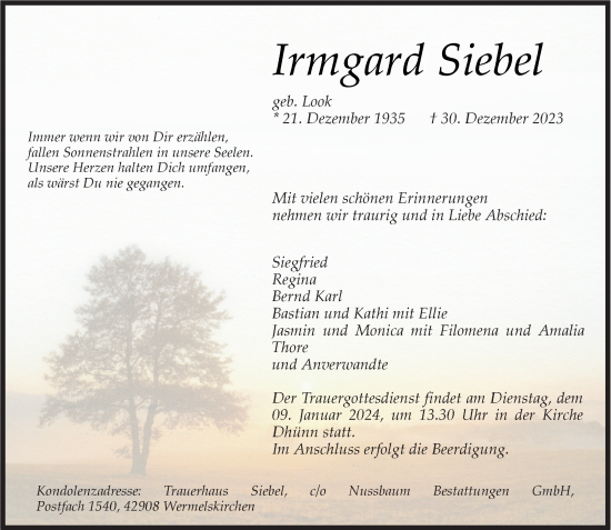 Traueranzeige von Irmgard Siebel von Rheinische Post