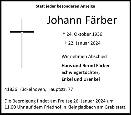 Traueranzeige von Johann Färber von Rheinische Post