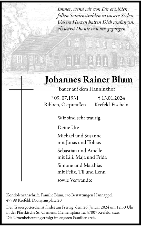 Traueranzeige von Johannes Rainer Blum von Rheinische Post