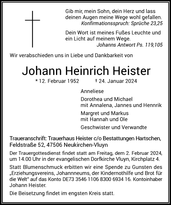 Traueranzeige von Johann Heinrich Heister von Rheinische Post