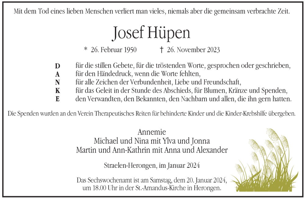  Traueranzeige für Josef Hüpen vom 13.01.2024 aus Rheinische Post