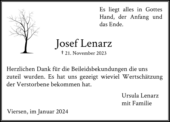 Traueranzeige von Josef Lenarz von Rheinische Post