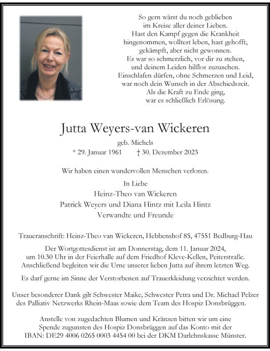 Traueranzeige von Jutta  Weyers-van Wickeren von Rheinische Post