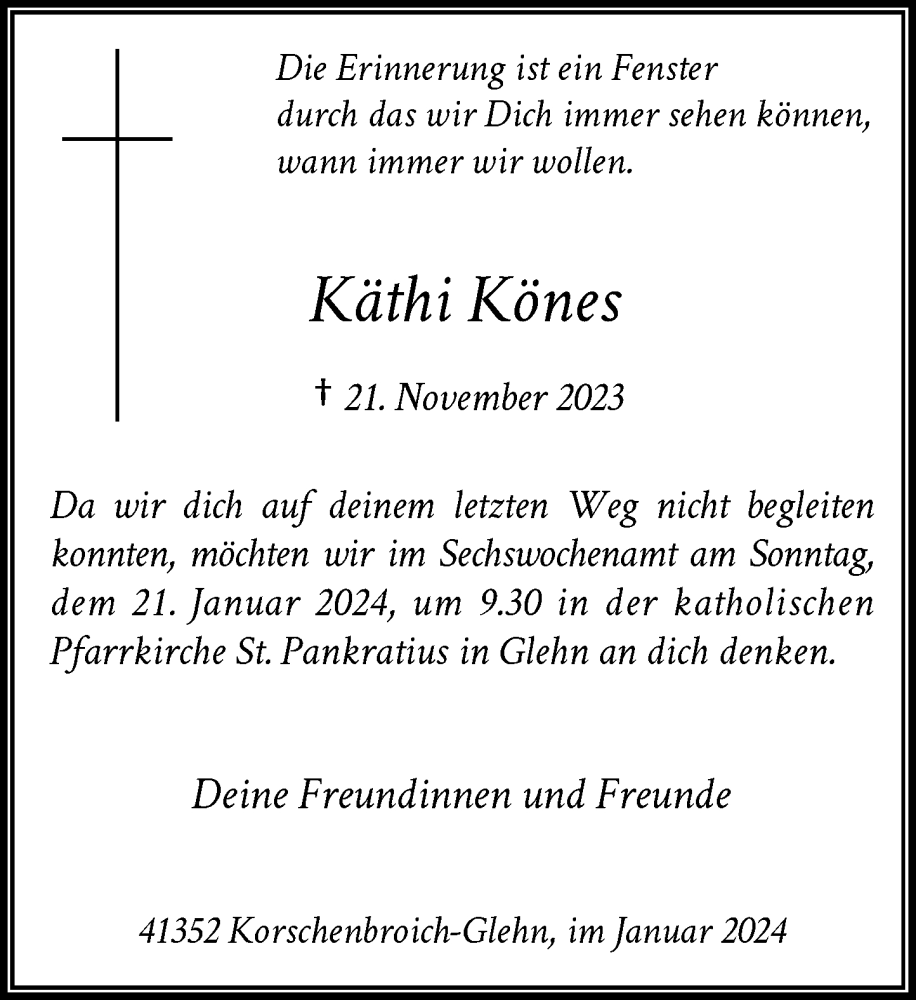  Traueranzeige für Käthi Könes vom 13.01.2024 aus Rheinische Post