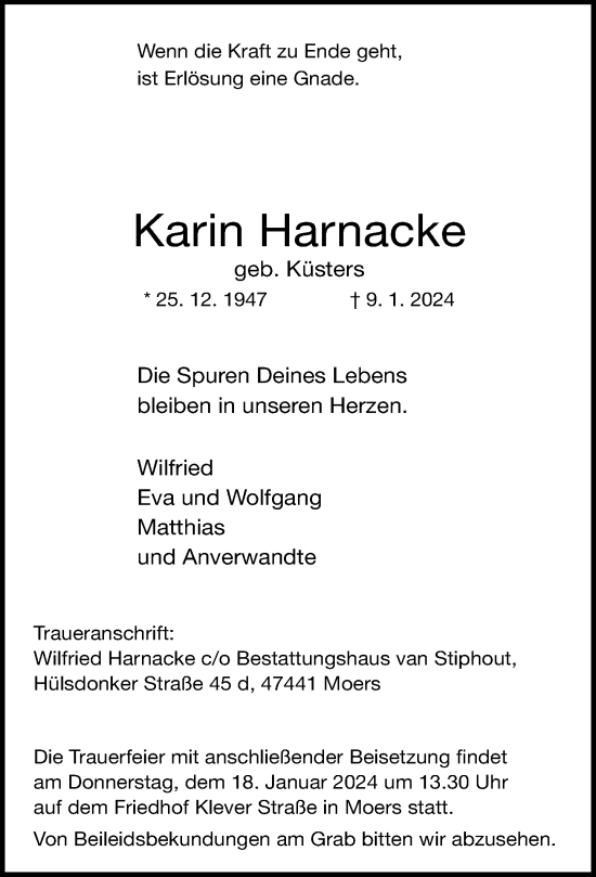 Traueranzeige von Karin Harnacke von Rheinische Post
