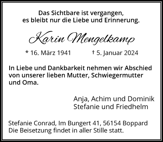 Traueranzeige von Karin Mengelkamp von Rheinische Post