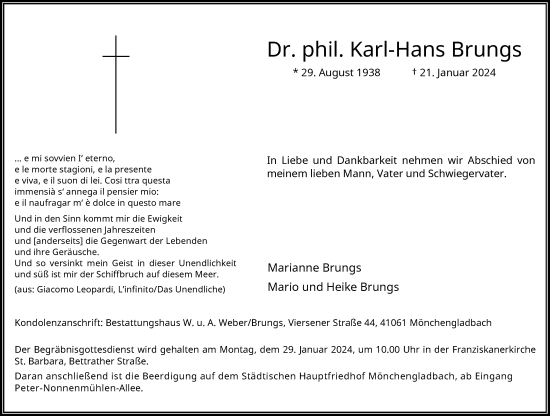 Traueranzeige von Karl-Hans Brungs von Rheinische Post