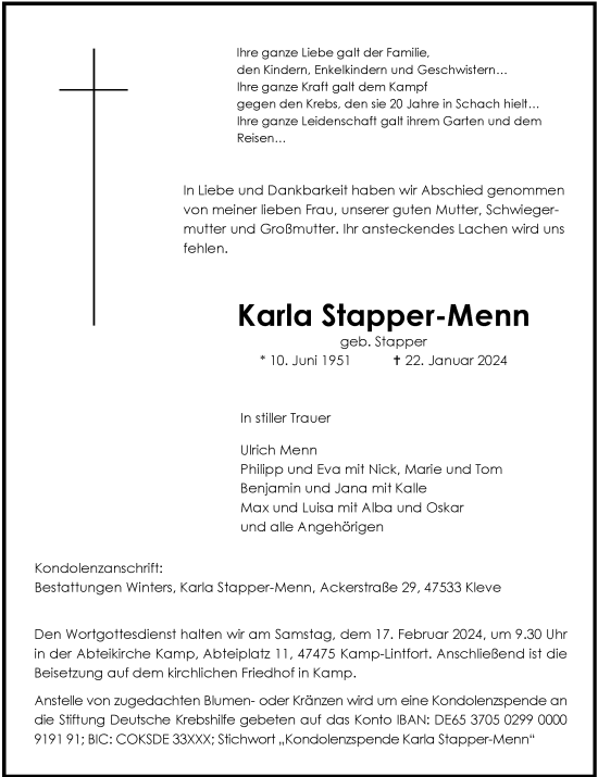 Traueranzeige von Karla Stapper-Menn von Rheinische Post
