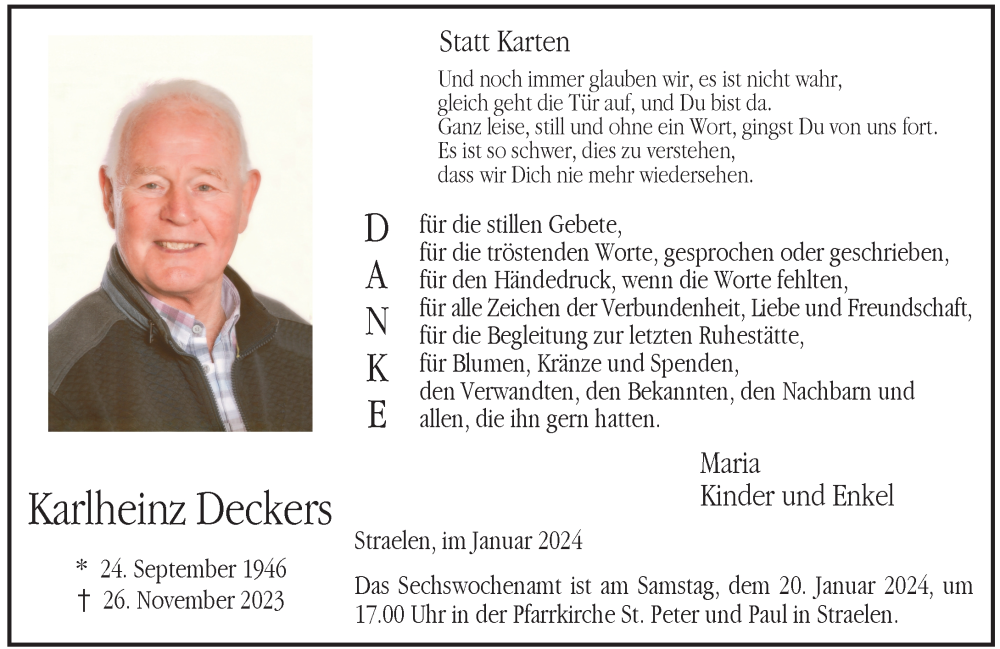  Traueranzeige für Karlheinz Deckers vom 13.01.2024 aus Rheinische Post