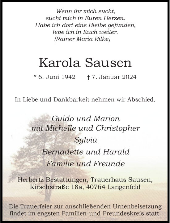 Traueranzeige von Karola Sausen von Rheinische Post