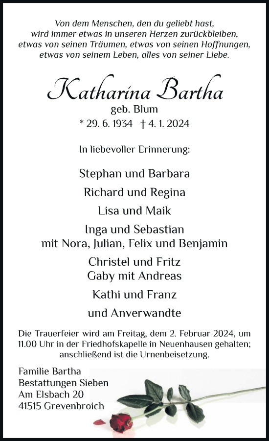 Traueranzeige von Katharina Bartha von Rheinische Post