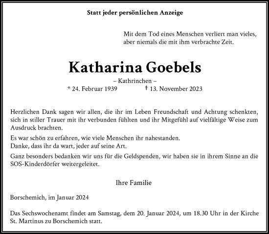 Traueranzeige von Katharina Goebels von Rheinische Post
