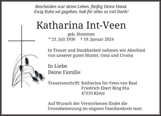 Traueranzeige von Katharina Int-Veen von Rheinische Post