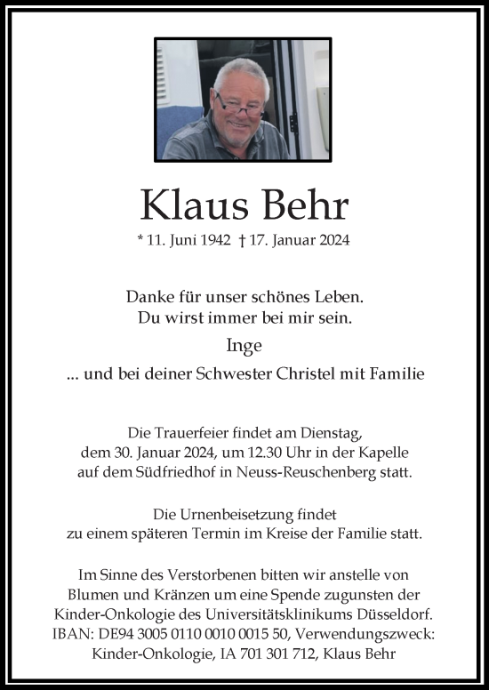 Traueranzeige von Klaus Behr von Rheinische Post