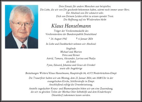 Traueranzeige von Klaus Hanselmann von Rheinische Post