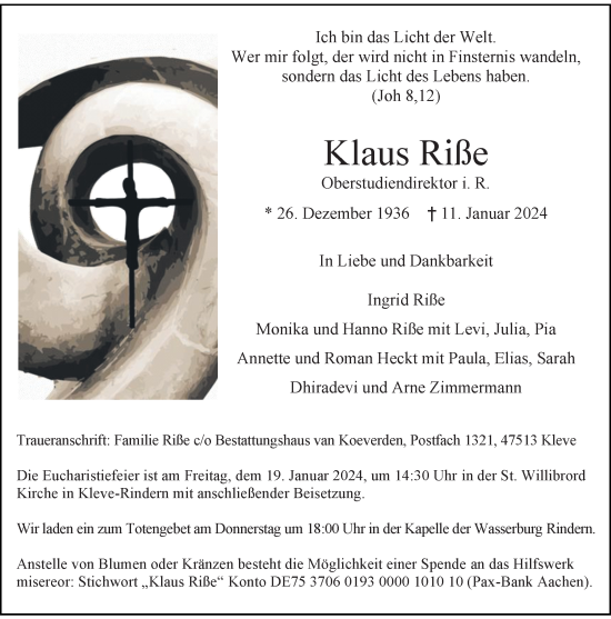 Traueranzeige von Klaus Riße von Rheinische Post