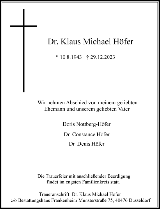 Traueranzeige von Klaus Michael Höfer von Rheinische Post