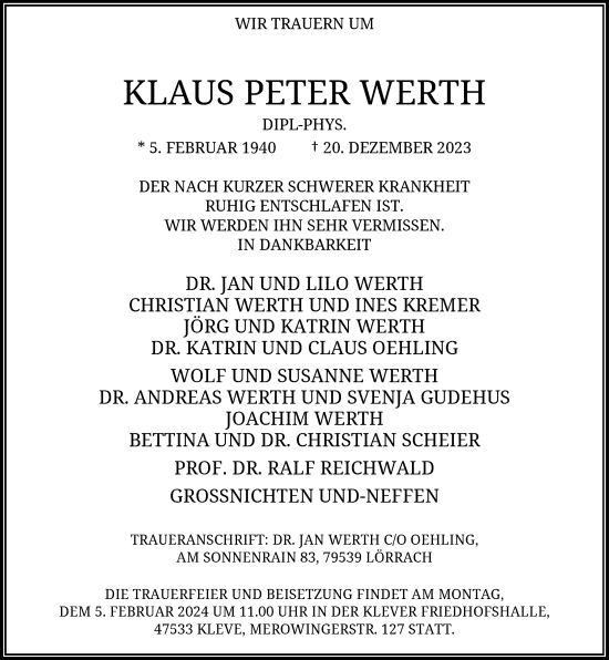 Traueranzeige von Klaus Peter Werth von Rheinische Post