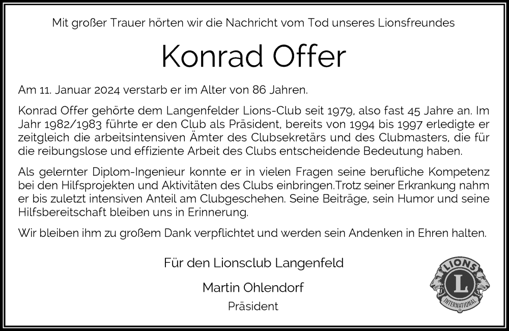  Traueranzeige für Konrad Offer vom 13.01.2024 aus Rheinische Post