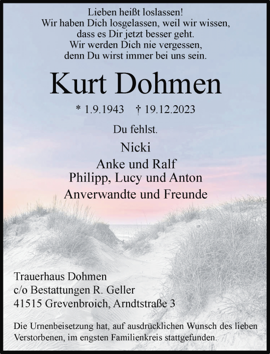 Traueranzeige von Kurt Dohmen von Rheinische Post