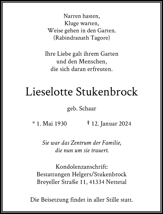 Traueranzeige von Lieselotte Stukenbrock von Rheinische Post