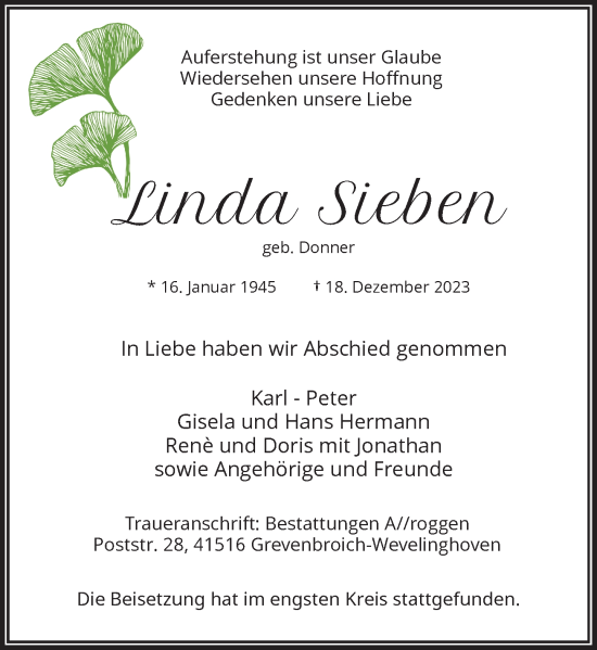 Traueranzeige von Linda Sieben von Rheinische Post