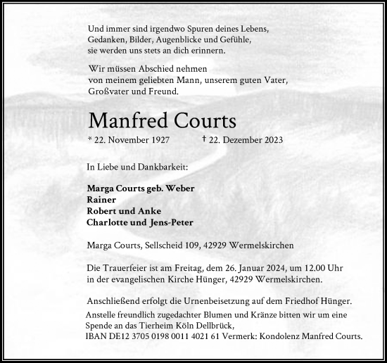 Traueranzeige von Manfred Courts von Rheinische Post