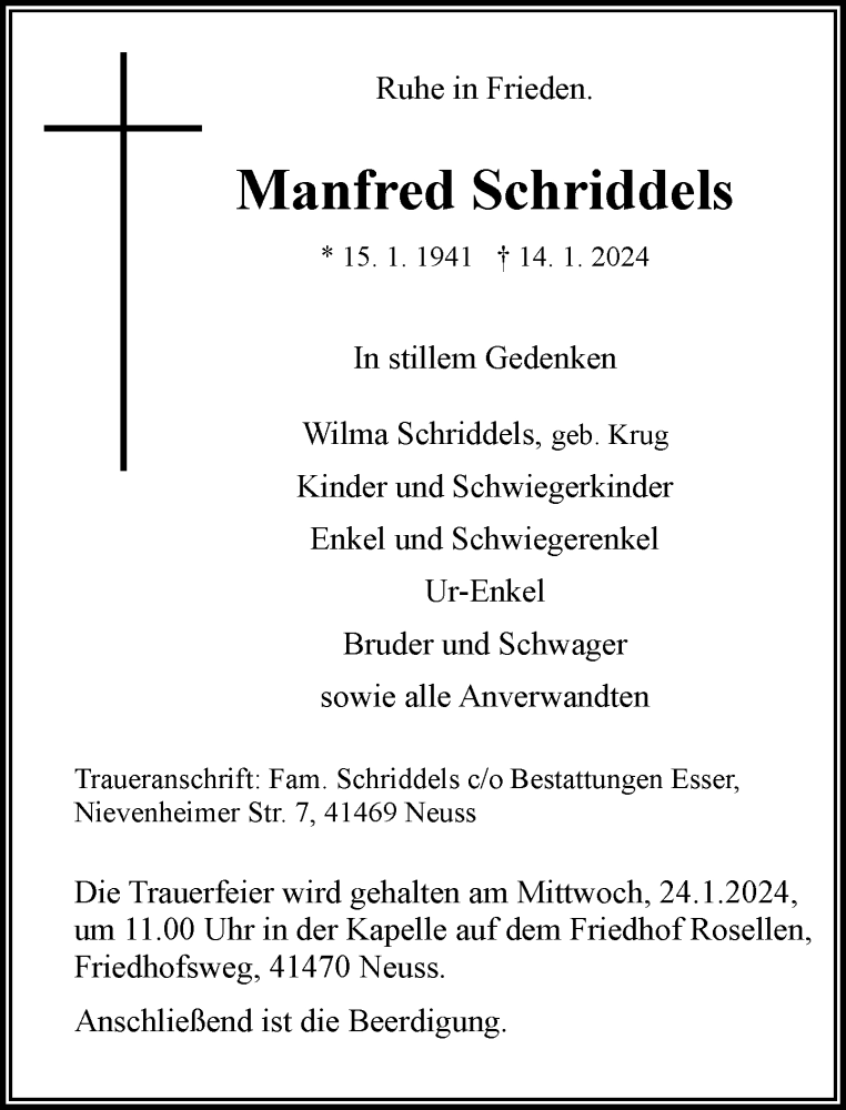 Traueranzeige für Manfred Schriddels vom 20.01.2024 aus Rheinische Post