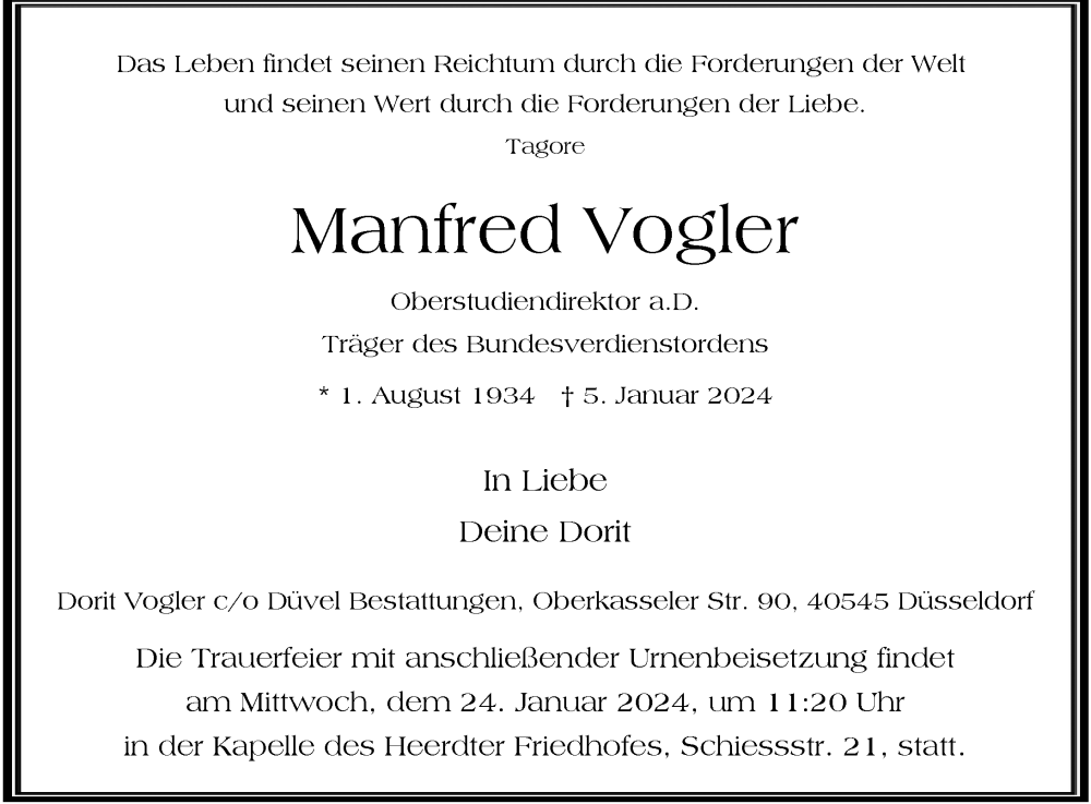  Traueranzeige für Manfred Vogler vom 13.01.2024 aus Rheinische Post