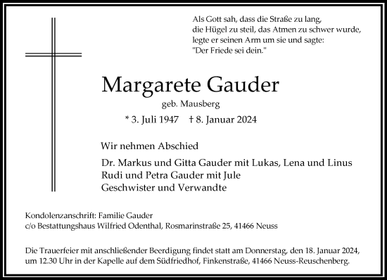 Traueranzeige von Margarete Gauder von Rheinische Post