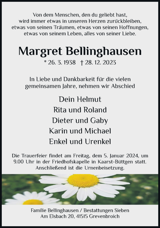 Traueranzeige von Margret Bellinghausen von Rheinische Post