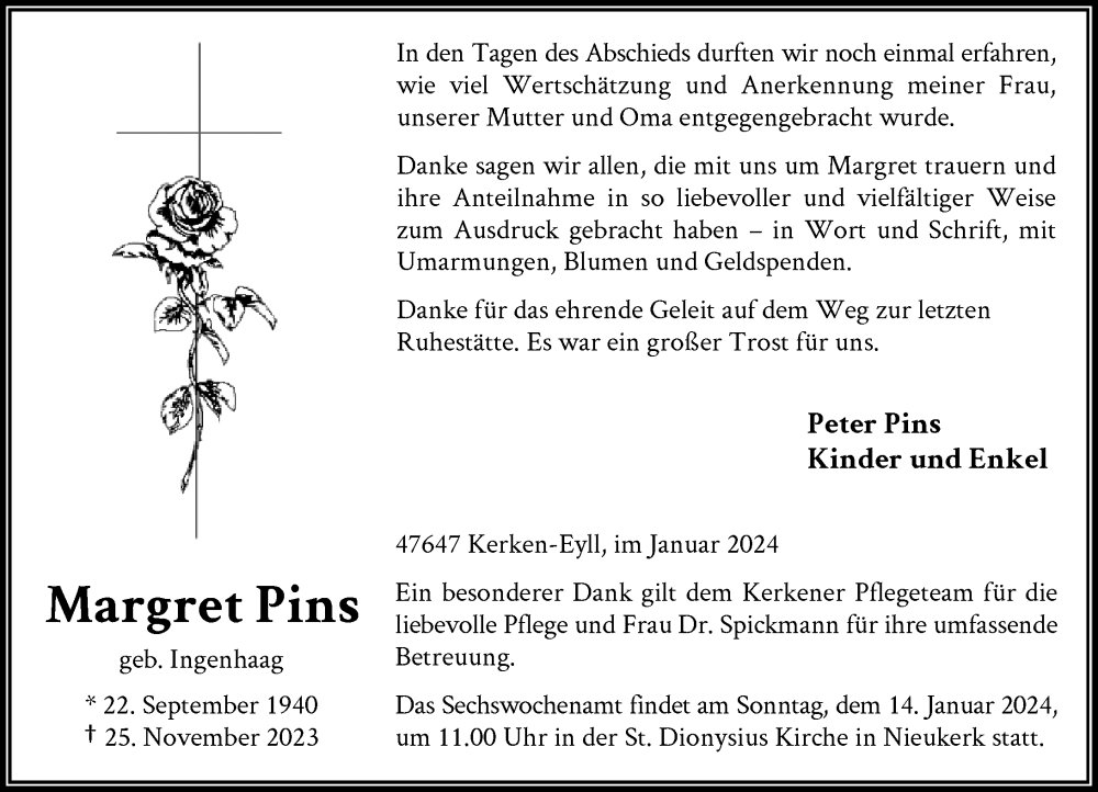  Traueranzeige für Margret Pins vom 06.01.2024 aus Rheinische Post