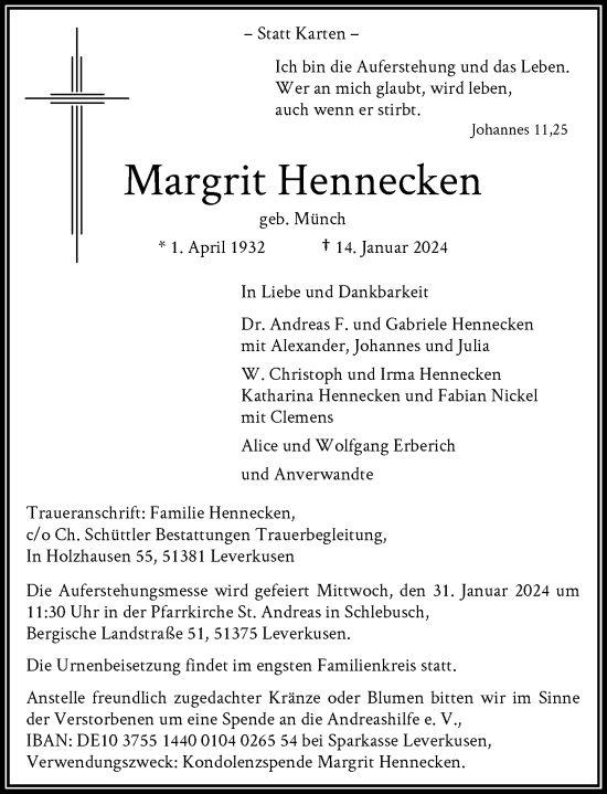 Traueranzeige von Margrit Hennecken von Rheinische Post